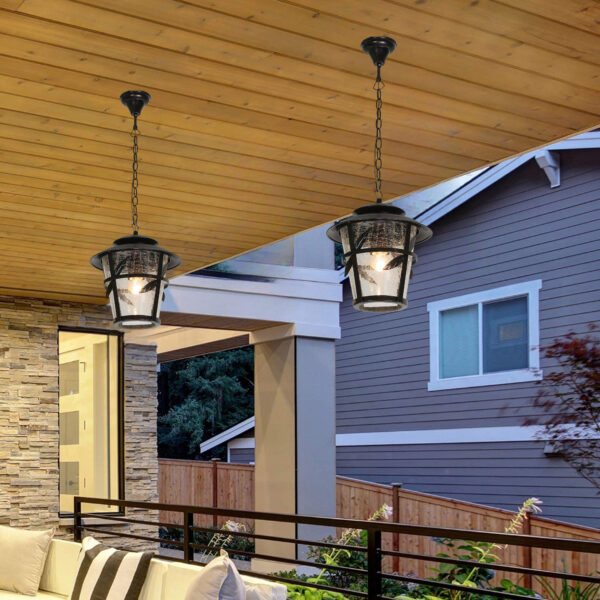 Outdoor E27 Pendant Light, Outdoor Hanging Lights in Rustic Bronze Finish with Crack Glass Design, Waterproof Exterior Hanging Lantern Outdoor Chandelier for Gazebo, Porch, Patio, Hallway, Entryway 1050-1H-ELSEWEDY - Image 3
