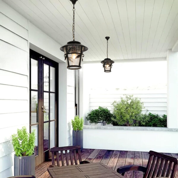 Outdoor E27 Pendant Light, Outdoor Hanging Lights in Rustic Bronze Finish with Crack Glass Design, Waterproof Exterior Hanging Lantern Outdoor Chandelier for Gazebo, Porch, Patio, Hallway, Entryway 1050-1H-ELSEWEDY - Image 4