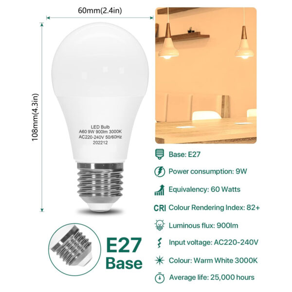 LED Light Bulbs, E27 Edison Screw Bulbs 60W Equivalent, Warm White 3000K ES Screw in Light Bulb, 9W 900lm Super Bright Energy Saving Lightbulbs for Lamp, Non-Dimmable 10W-E27-CANYON - Image 2