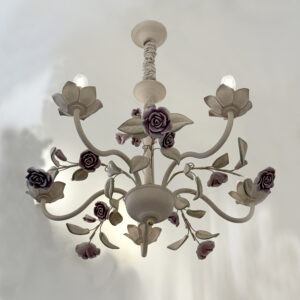 White Vintage Chandelier, Metal Kitchen Chandelier with Pink Ceramic, Pendant Chandeliers in Antique Style E14 for Bedroom, Dining Room, Living Room, 5 Lights 130505-ELSEWEDY