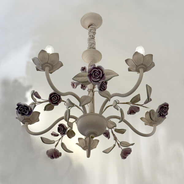 White Vintage Chandelier, Metal Kitchen Chandelier with Pink Ceramic, Pendant Chandeliers in Antique Style E14 for Bedroom, Dining Room, Living Room, 5 Lights 130505-ELSEWEDY