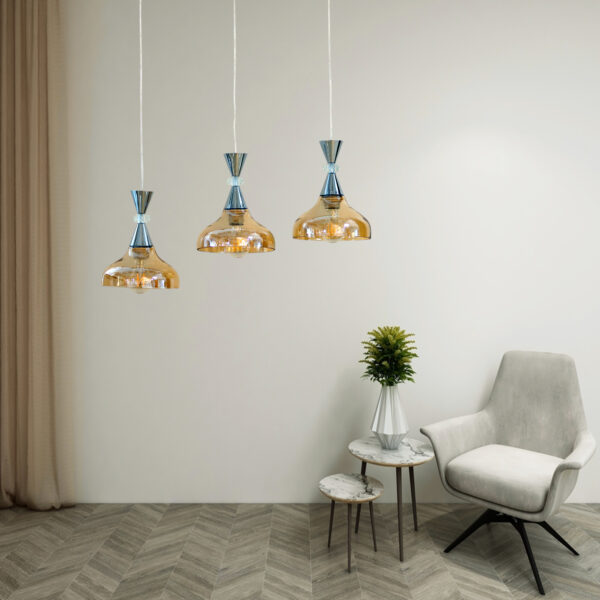 3-Light Pendant Lighting, 3 Pendant Light Fixture for Kitchen Island, Dining Lamp Ceiling Hanging, with Adjustable Cord and Glass Shade for Farmhouse Living Dining Room Bar E27*3 Iron and Glass Amber Color 2058/3-ELSEWEDY - Image 3