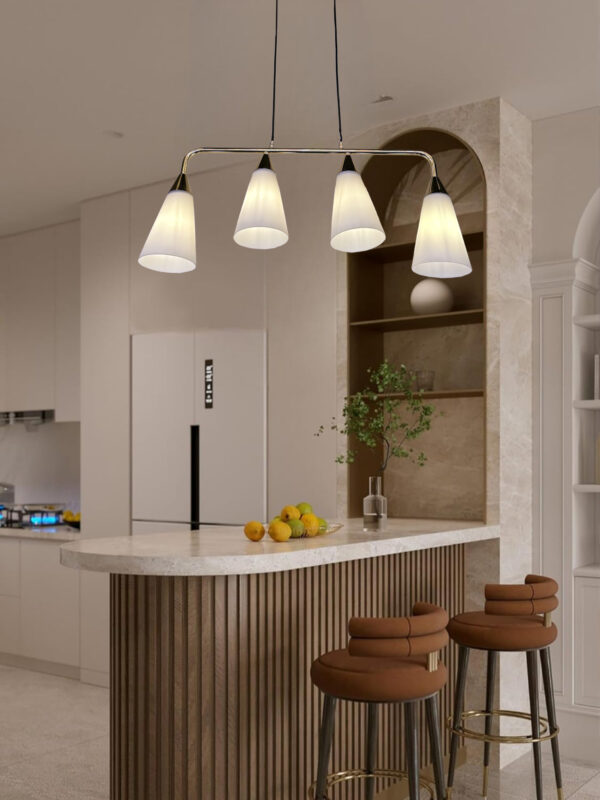Pendant Light 4-Heads Glass Hanging Lamp Indoor Adjustable Restaurant Iron Chandelier Drop Light Clothing Store Cafe Decoration Ceiling Lighting E27*4 Iron and Glass White/Gold Color 2066/4-ELSEWEDY - Image 3