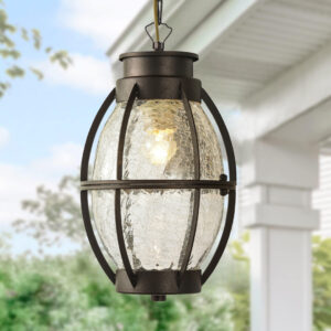 Outdoor E27 Pendant Light, Outdoor Hanging Lights in Rustic Bronze Finish with Crack Glass Design, Waterproof Exterior Hanging Lantern Outdoor Chandelier for Gazebo, Porch, Patio, Hallway, Entryway 2229-1H-ELSEWEDY