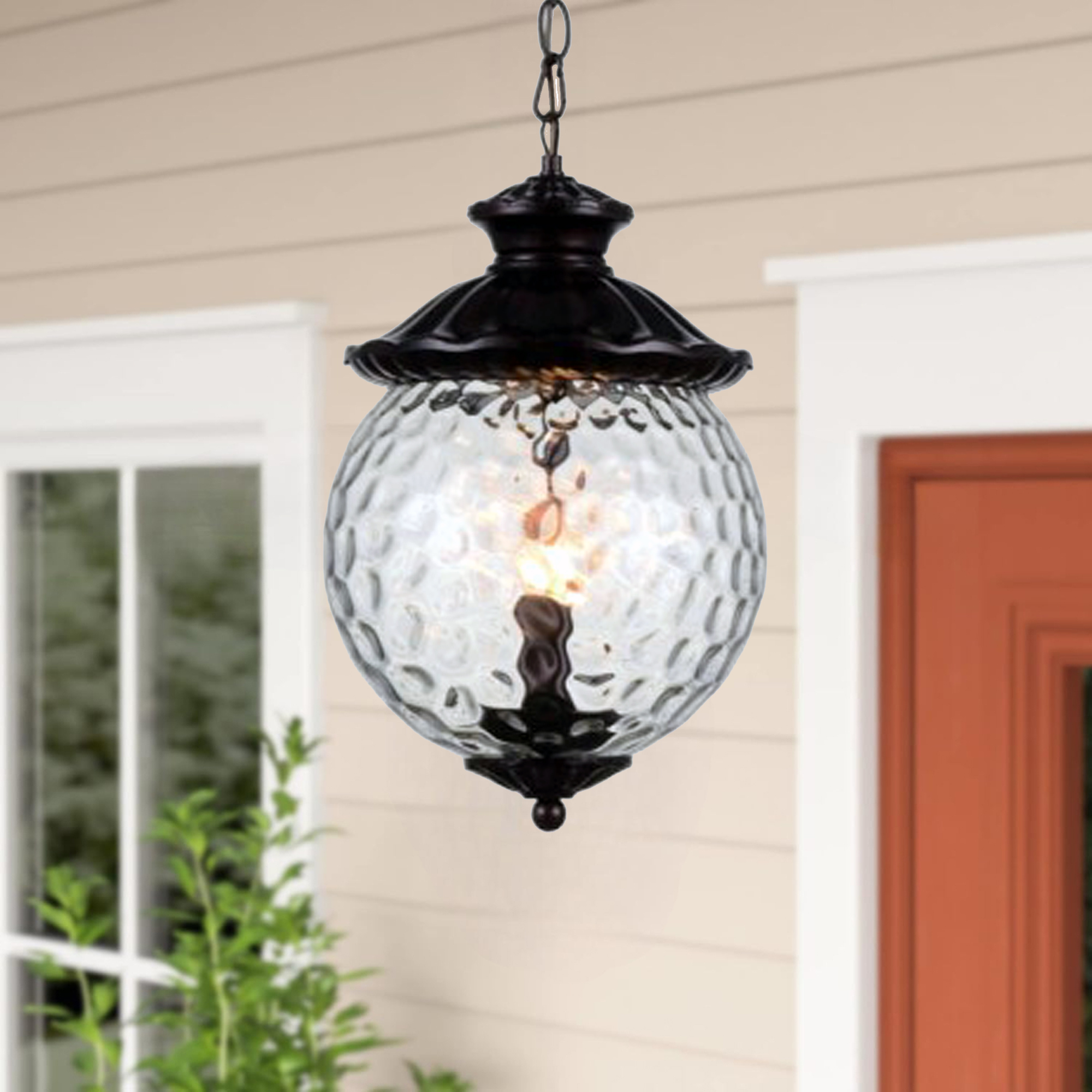Outdoor E14*2 Pendant Light, Outdoor Hanging Lights in Rustic Bronze Finish with Golf Ball Glass Design, Waterproof Exterior Hanging Lantern Outdoor Chandelier for Gazebo, Porch, Patio, Hallway, Entryway 8177-2HL-ELSEWEDY