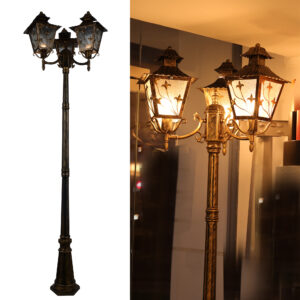 Elsewedy Outdoor Lamp Post Light 3-Head, Classic Gold Light Pole with Clear Glass Panels, E27 Base Maximum 100W (3 LED Bulbs Not Included), Waterproof Street Light for Backyard, Garden, Driveway 8274-3GF-ELSEWEDY