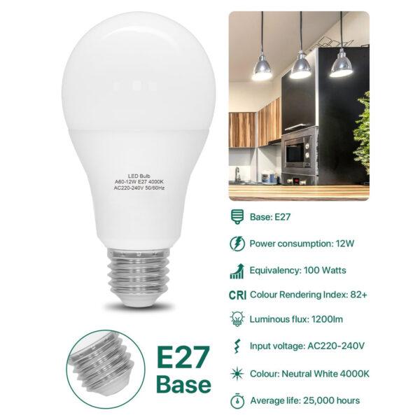 E27 Screw Bulb, Neutral White 4000K, 12W E27 LED Bulb Equivalent to 100 Watts Incandescent Bulb, 1200LM Super Bright Screw in Light Bulbs for Lamps, Non-dimmable A60-12W/E27-4000K