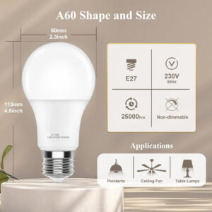 E27 Screw LED Bulb 15W, Cool White 6500K, 100 Watts Halogen Equivalent, Large Screw in Light Bulb, 1350LM, Non-Dimmable,  High CRI 80 Light bulbs for Lamp A60-15W/E27-6500K