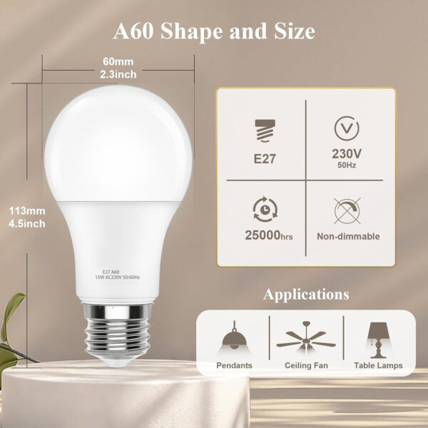 E27 Screw LED Bulb 15W, Cool White 6500K, 100 Watts Halogen Equivalent, Large Screw in Light Bulb, 1350LM, Non-Dimmable,  High CRI 80 Light bulbs for Lamp A60-15W/E27-6500K