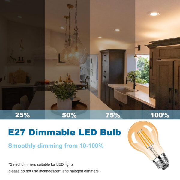 E27 Screw Bulb, Vintage E27 LED Light Bulbs,A60 6.5W Edison Screw Bulb, Filament Light Bulbs, Warm White 2200K, 350LM, Equivalent 35W, Decorative Light Bulbs, AC230V,Amber A60-6.5W/E27-AMBER - Image 3