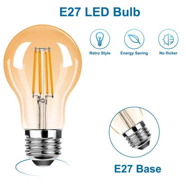 E27 Screw Bulb, Vintage E27 LED Light Bulbs,A60 6.5W Edison Screw Bulb, Filament Light Bulbs, Warm White 2200K, 350LM, Equivalent 35W, Decorative Light Bulbs, AC230V,Amber A60-6.5W/E27-AMBER - Image 4