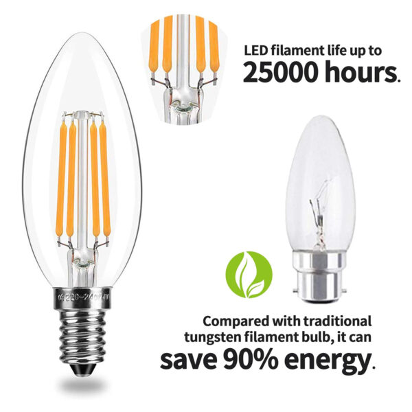 E14 LED Candle Bulbs, C35 6.5W LED Filament Bulbs 40W Incandescent Equivalent, White, Warm White, Amber C35-6.5W