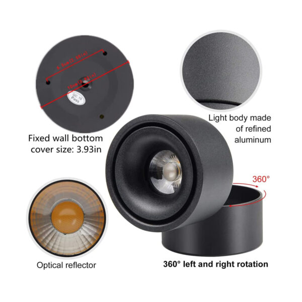 Ceiling Spotlight - 360°Adjustable Indoor Surface Mounted 12W COB Lighting -Warm White Light 3000K Ceiling Downlight-Wall Swivel Lamp DL-12-3K-BK - Image 6