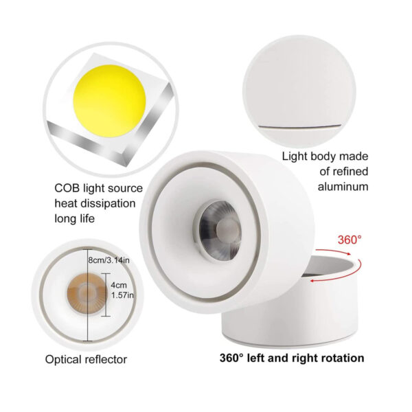 Ceiling Spotlight - 360°Adjustable Indoor Surface Mounted 12W COB Lighting -Cool White 6000K Ceiling Downlight-Wall Swivel Lamp DL-12-6K-WH - Image 6