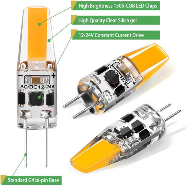 G4 Led Bulb 1.5W, Warm White 3000K, AC/DC12V-24V 1505 COB Led Light Bulbs Equivalent to 20W T3 JC Type Bi-Pin G4 Base Halogen Bulb LED-G4-3000K