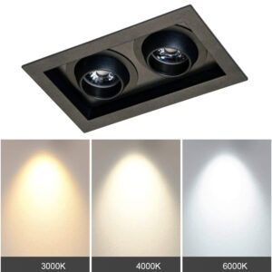Recessed Double Head Ceiling Spot Light, Natural White, Day White, Indoor 30W LED Spotlight 180°Adjustable Ceiling Downlight, 4000K/6000K Rectangle Housing Light WT-991-15W*2